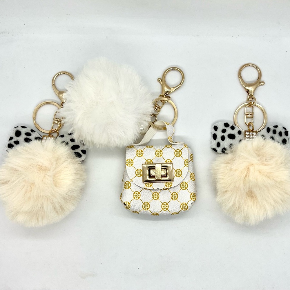 Set of 3 Faux Fur Bag Charm Keychains Mini Purse Pom Pom New in Packaging